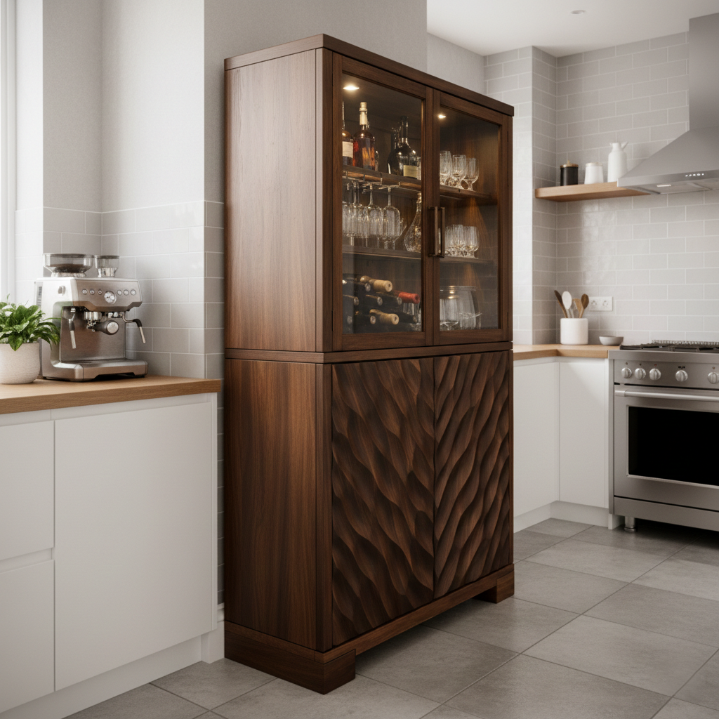 Handcrafted Solid Wood Bar Cabinet With Glass Display And Carved Doors