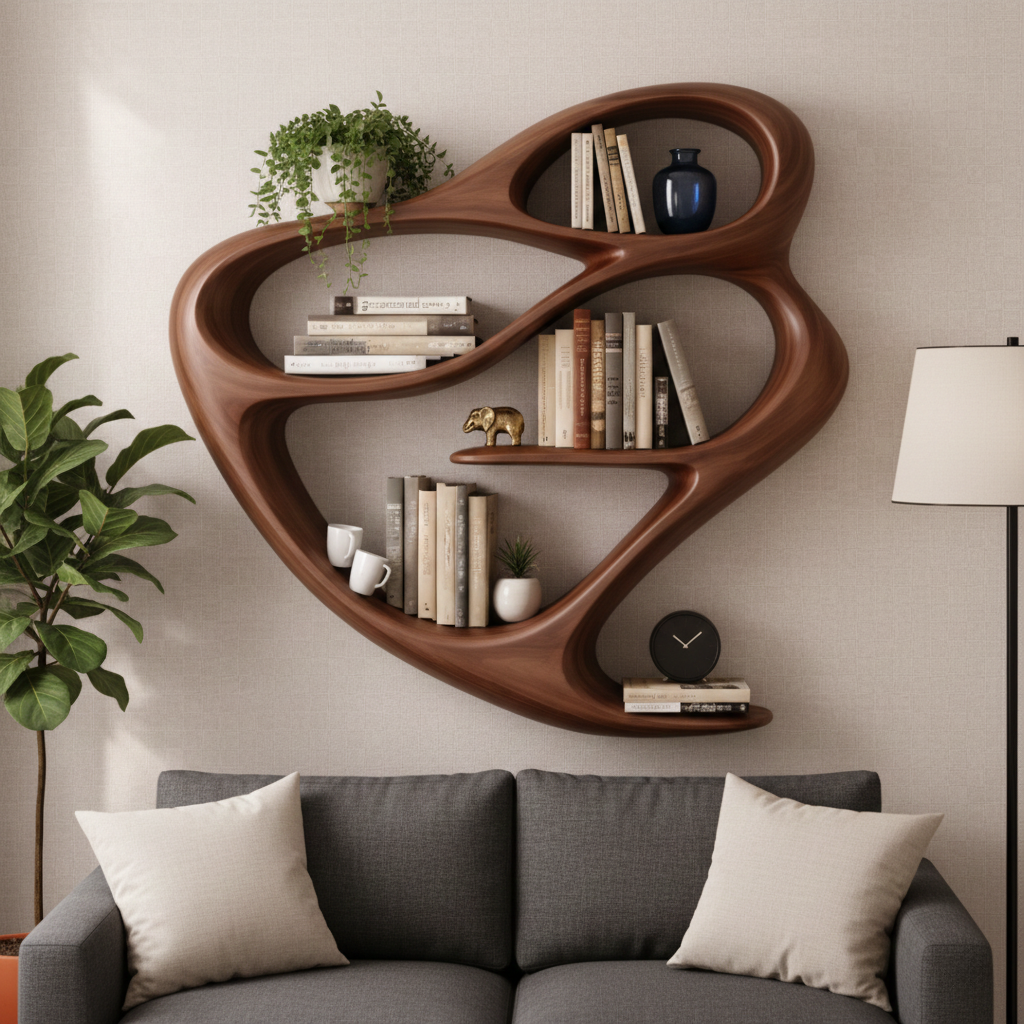Handcrafted Solid Wood Sculptural Bookshelf, Organic Flowing Wall Shelf