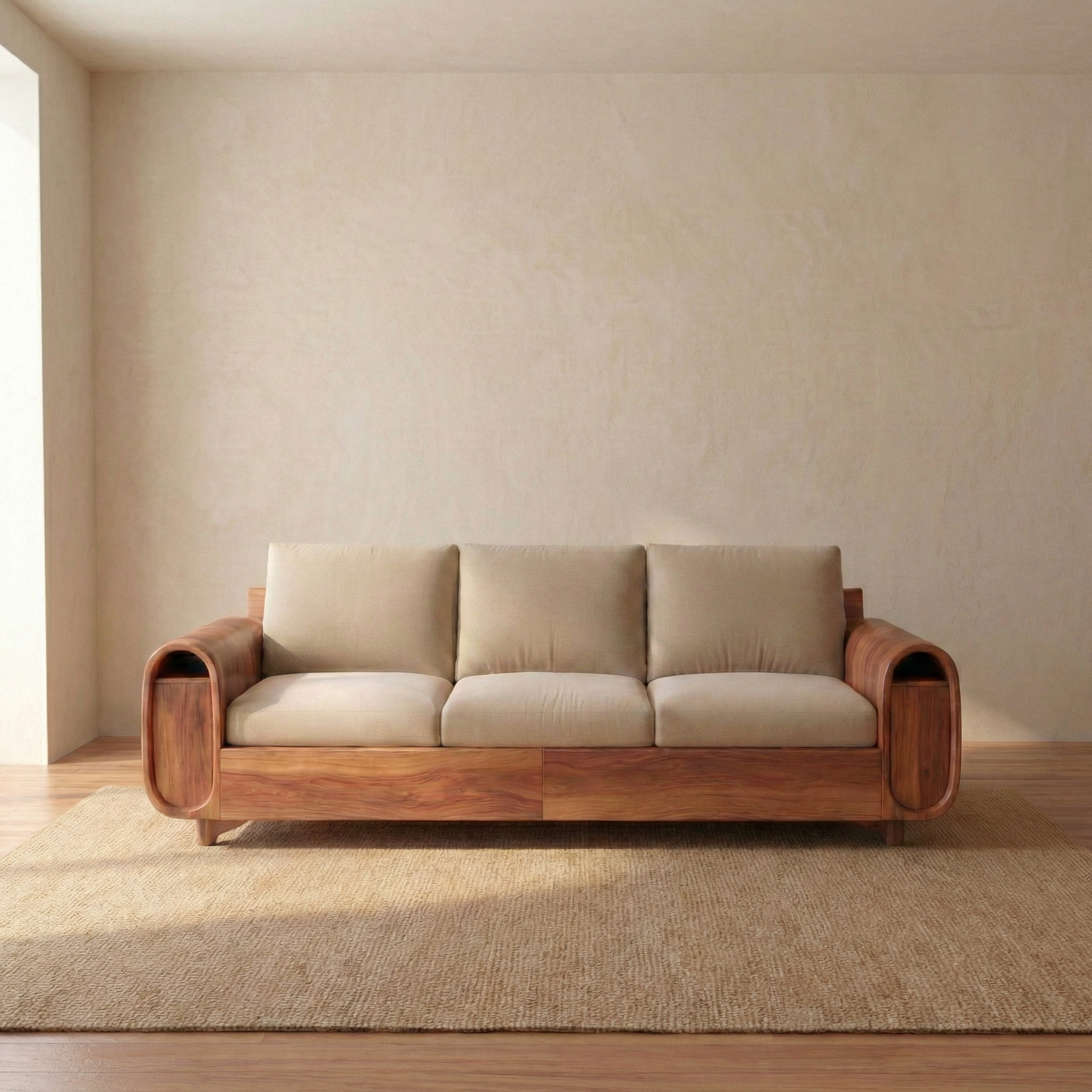 Handcrafted Solid Wood Sofa, Modern Curved Arm Frame Couch