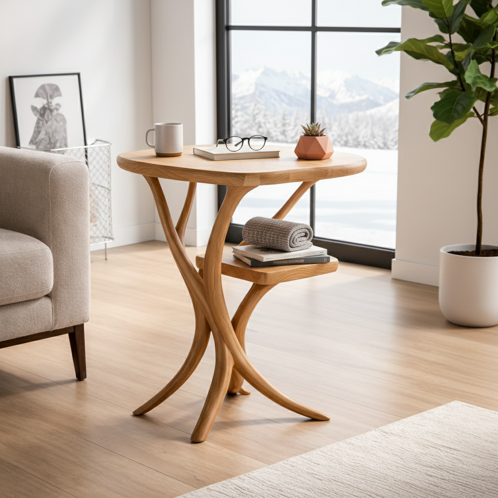 Sculptural Solid Wood Side Table With Lower Shelf