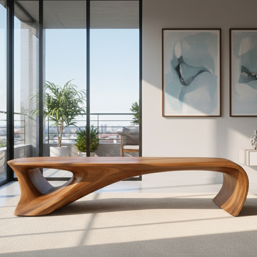 Sculptural Solid Wood Bench With Fluid, Organic Design