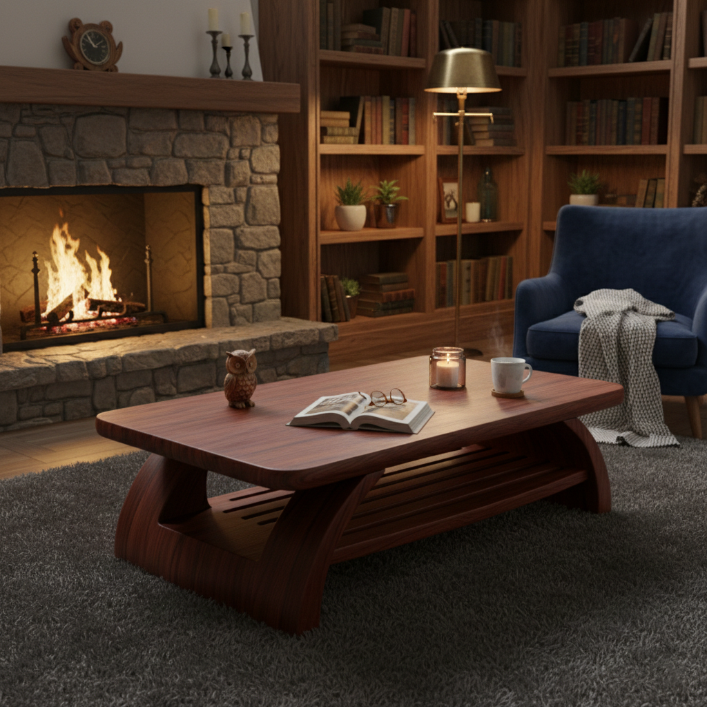 Sculptural Wooden Coffee Table with Open Shelf and Organic Design