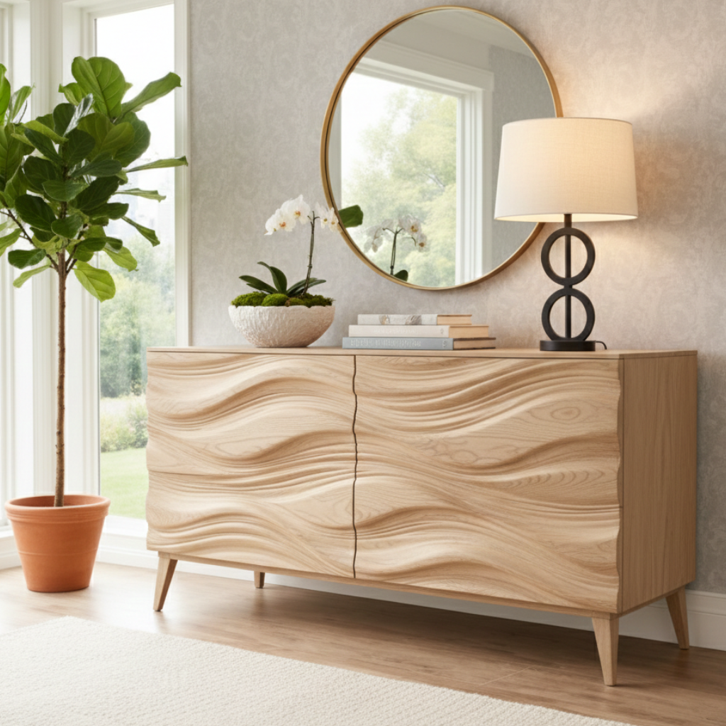 Sculptural Modern Cabinet with Flowing Wave Design and Sleek Legs