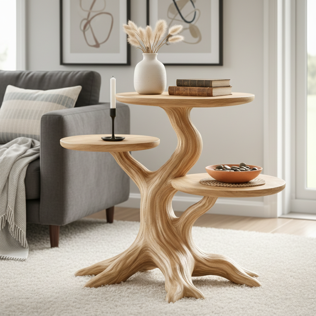 Sculptural Wooden End Table with Organic Branch Base and Tiered Tops