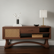 Modern Wooden Console Table with Cane Door and Sculptural Base