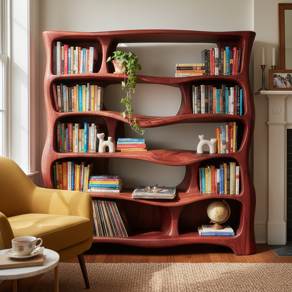 Sculptural Solid Wood Bookshelf With Organic Curves and Open Storage