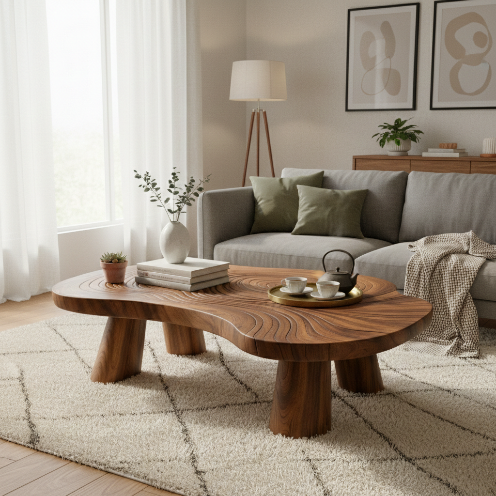 Handcrafted Solid Wood Coffee Table With Sculptural Wave Design