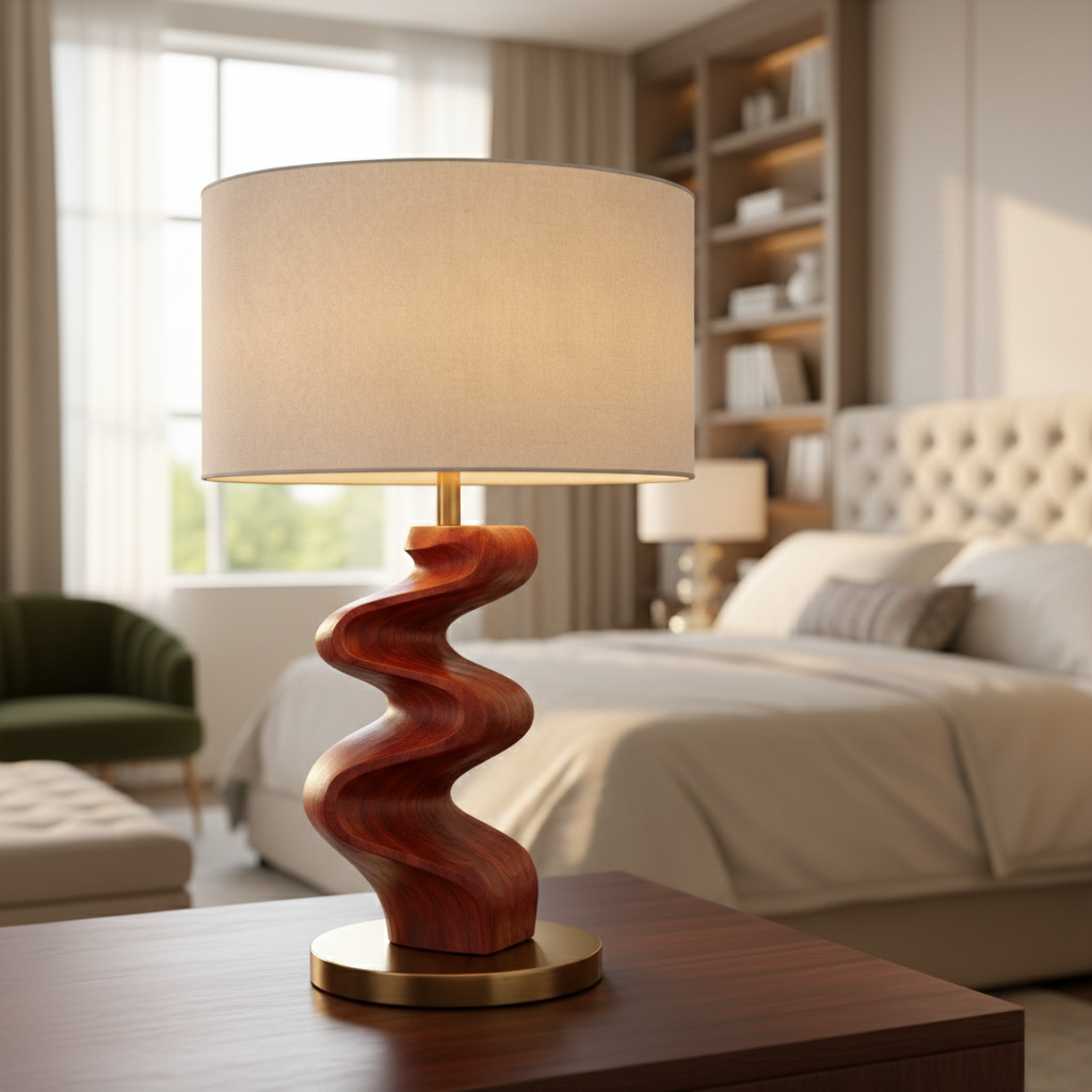 Sculptural Table Lamp with Twisted Wooden Base