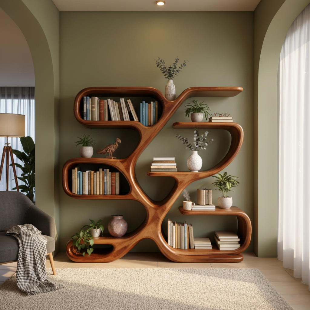 Handcrafted Solid Wood Artistic Bookshelf Display, Sculptural Wall Shelf