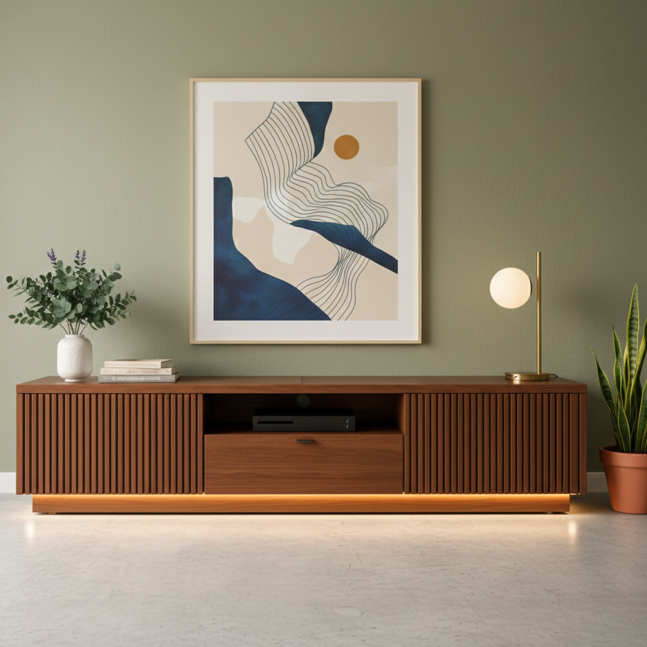 Modern Slatted Wood TV Stand With Center Storage