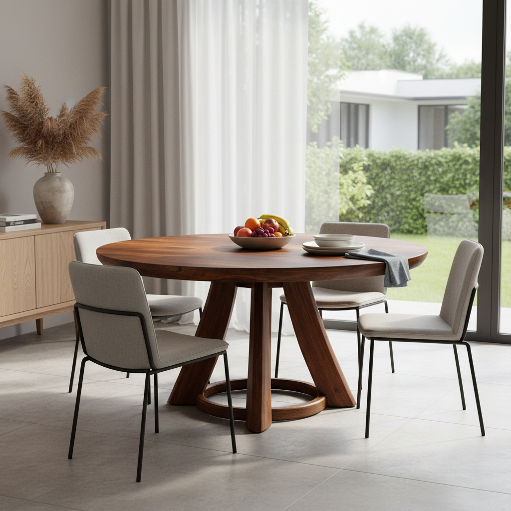 Modern Solid Wood Round Dining Table, Sculptural Pedestal Base