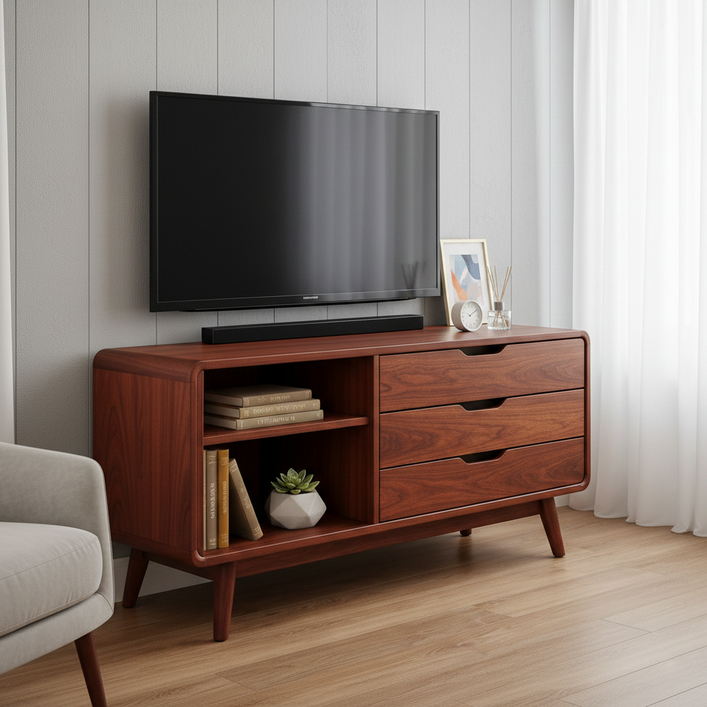 Handcrafted Solid Wood TV Console With Drawers and Open Storage