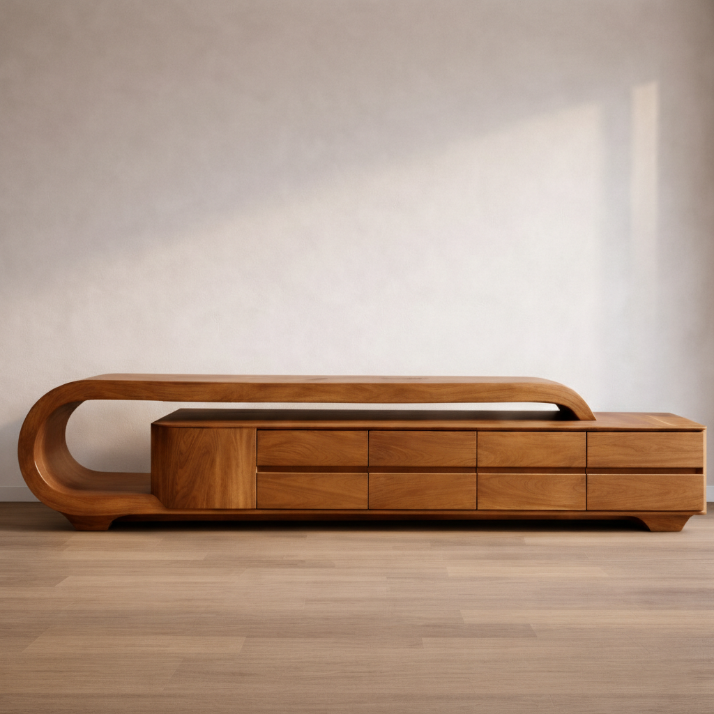 Handcrafted Solid Wood Curved TV Console With Drawer Storage