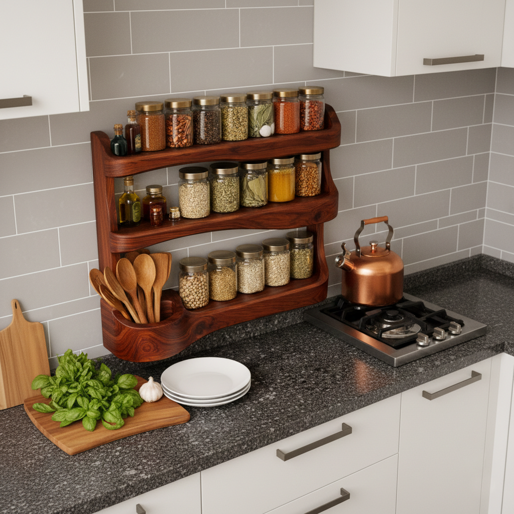 Handcrafted Solid Wood Spice Rack Shelf, Wall-Mounted Kitchen Organizer
