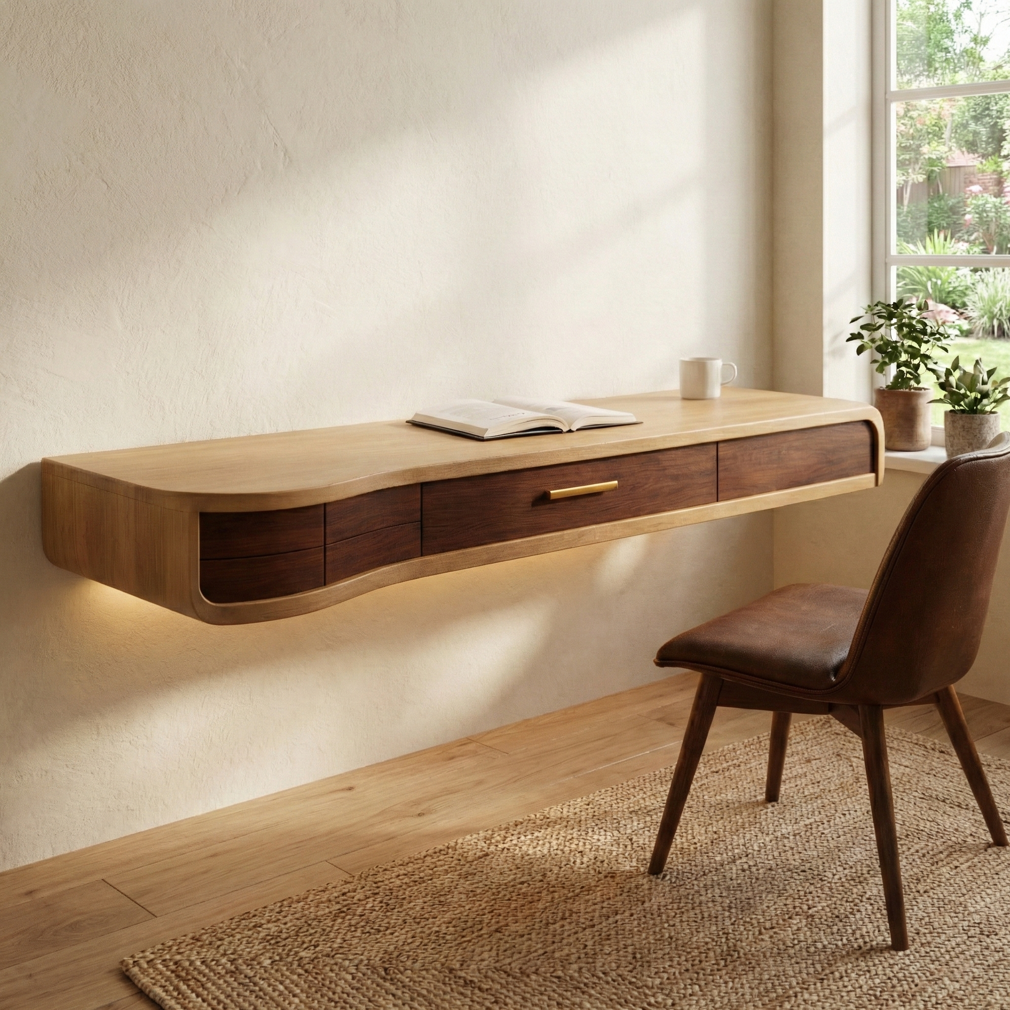 Sculptural Floating Desk with Warm Wood and Modern Detailing