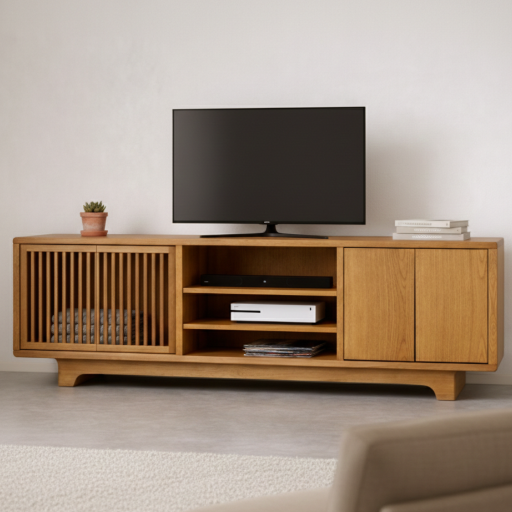 Handcrafted Solid Wood TV Cabinet With Slatted Doors and Open Shelving