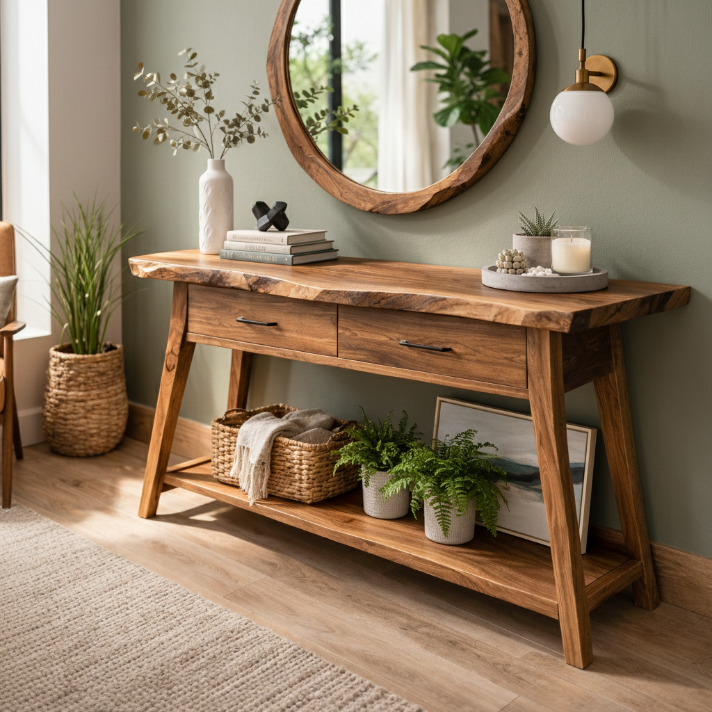 Handcrafted Solid Wood Console Table With Live-Edge Top and Storage Drawers
