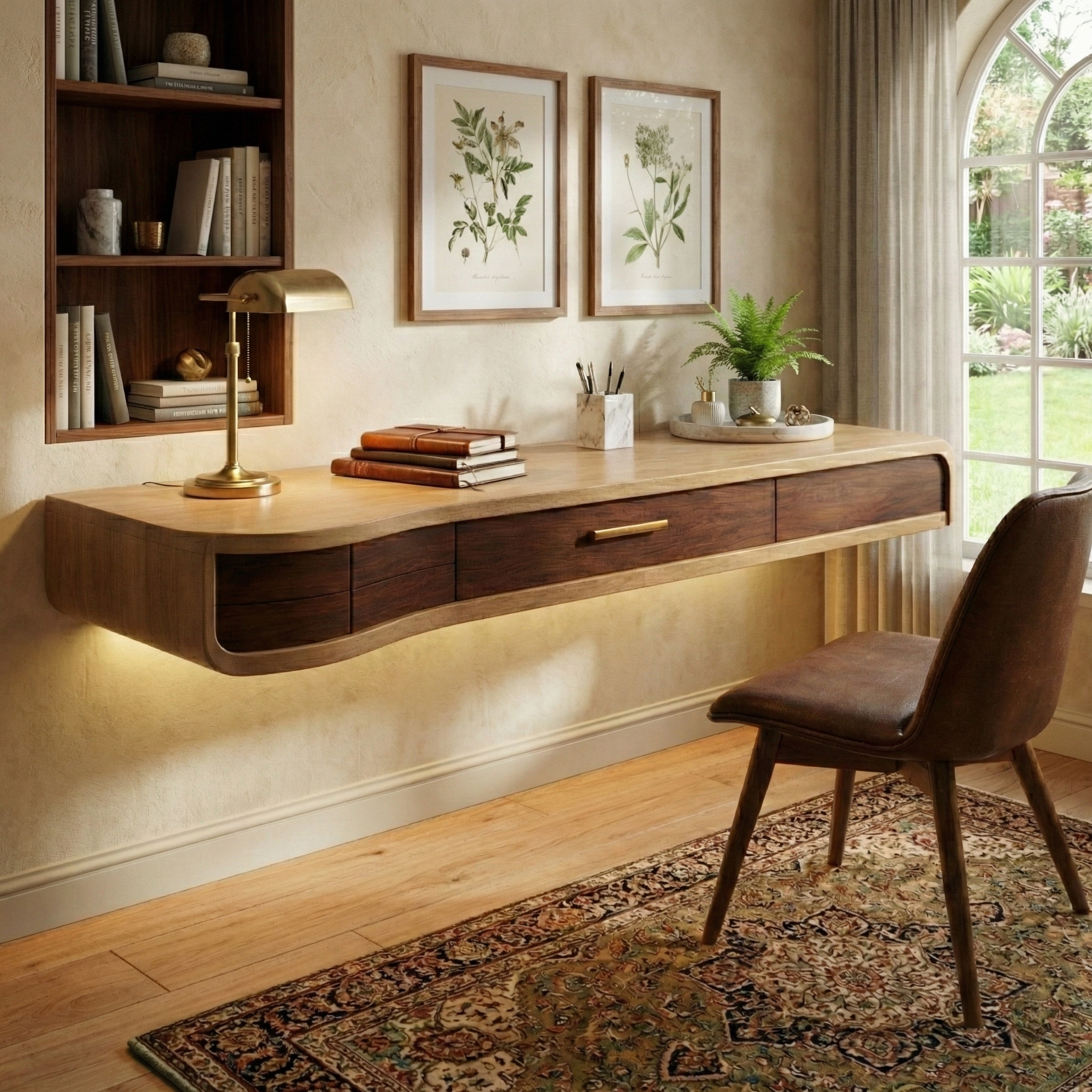 Sculptural Floating Desk with Warm Wood and Modern Detailing
