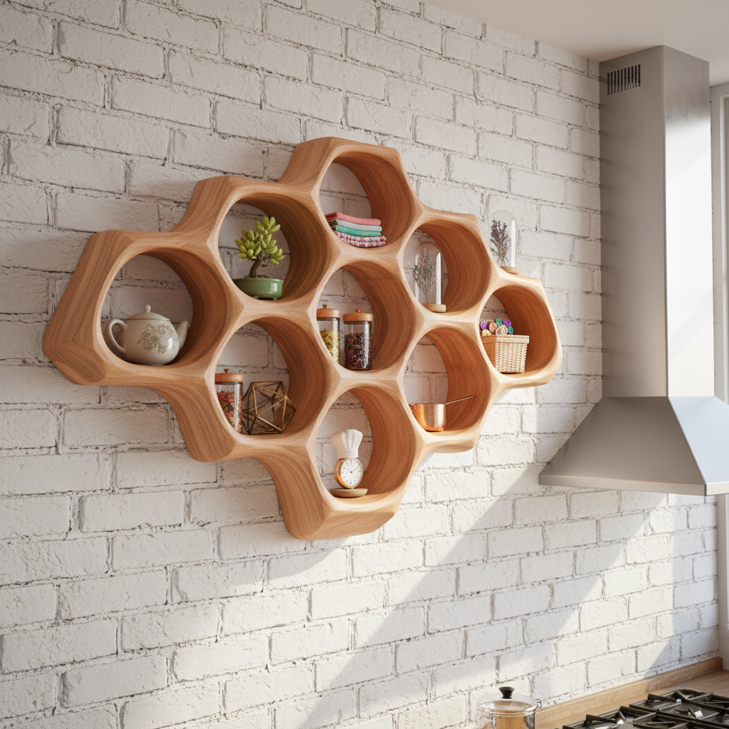 Handcrafted Solid Wood Honeycomb Shelf, Sculptural Wall Display
