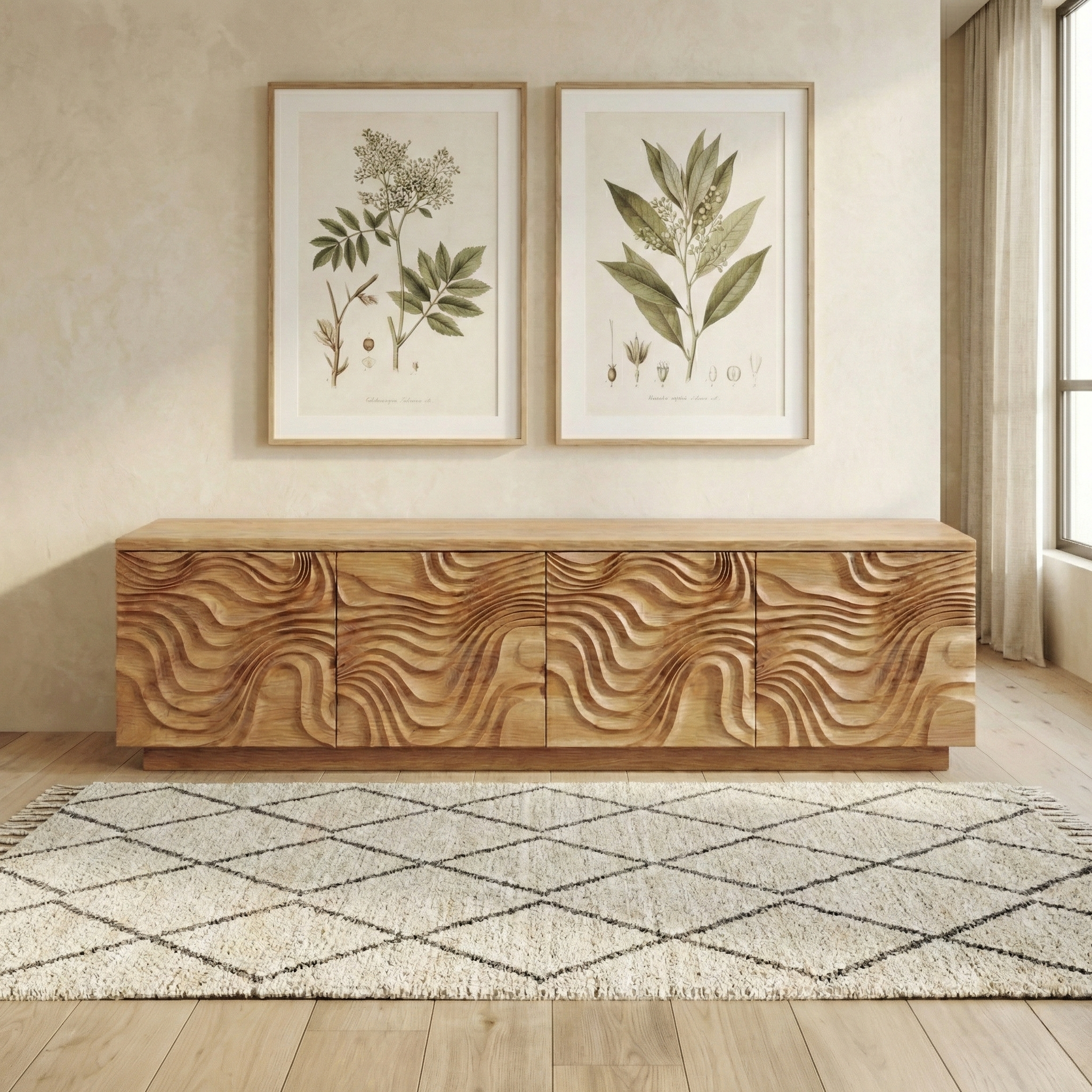 Handcrafted Solid Wood Shoe Bench Cabinet With Sculpted Wave Doors