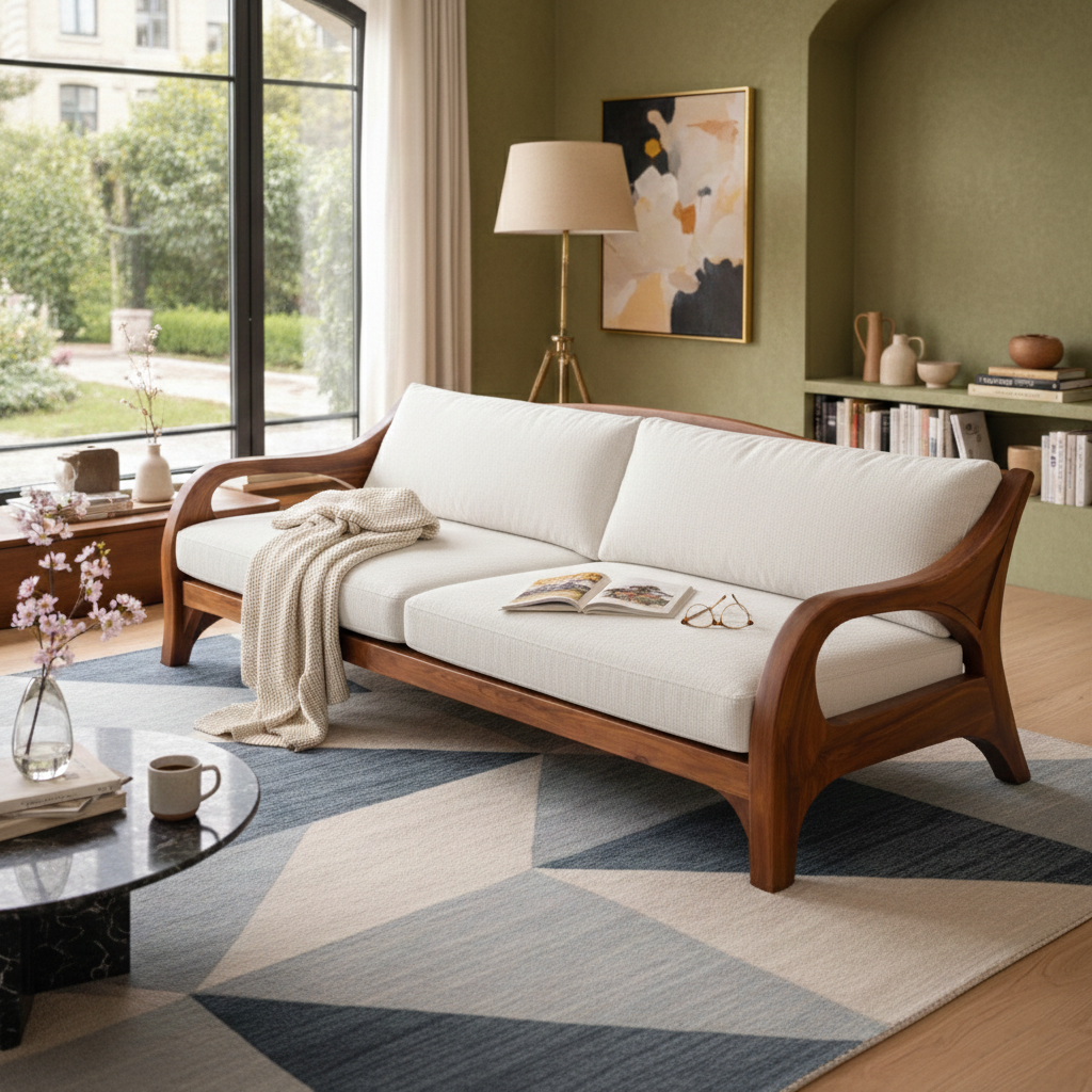 Modern Sculptural Sofa with Curved Wood Frame and Plush Cushions