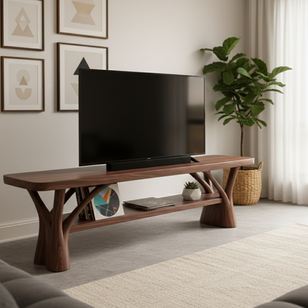 Handcrafted Solid Wood TV Stand With Sculptural Base And Shelf