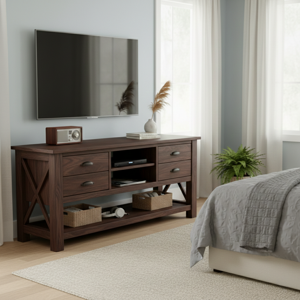 Handcrafted Solid Wood TV Console With Drawers And Open Shelving