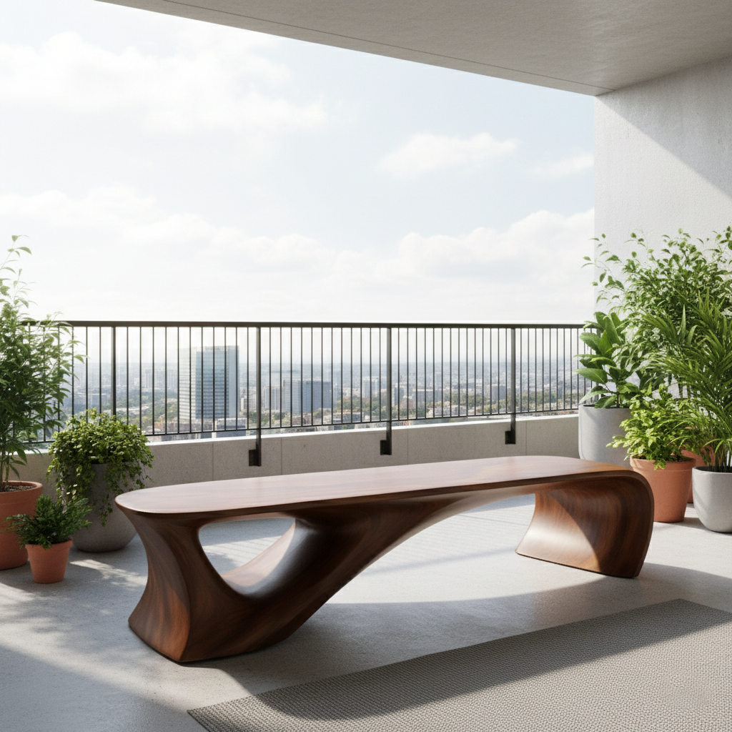 Sculptural Solid Wood Bench With Fluid, Organic Design