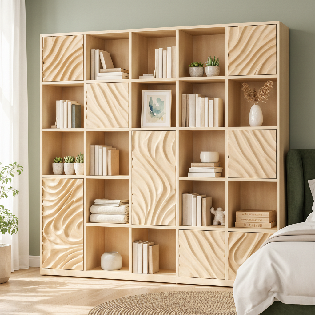 Handcrafted Solid Wood Bookshelf With Sculpted Wave Door Panels