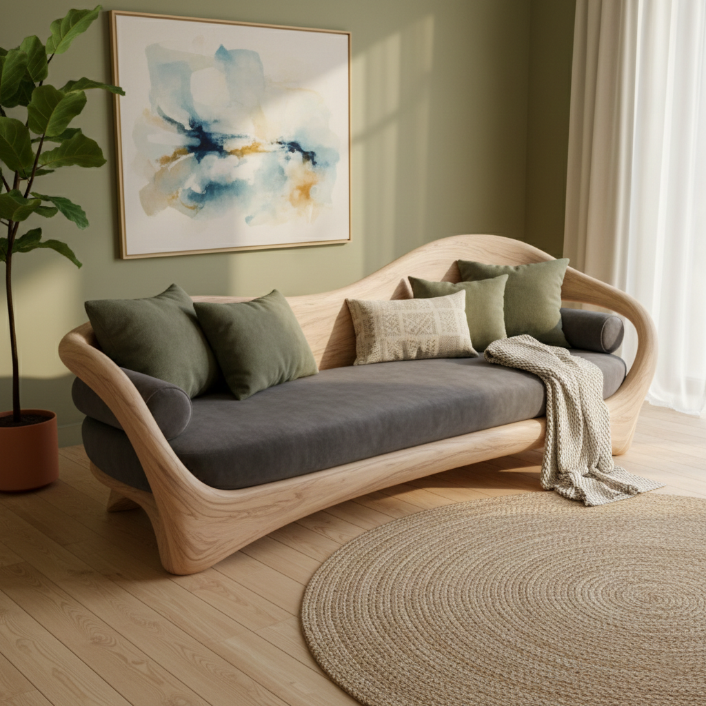 Sculptural Curved Wood Frame Sofa With Soft Cushioned Seat