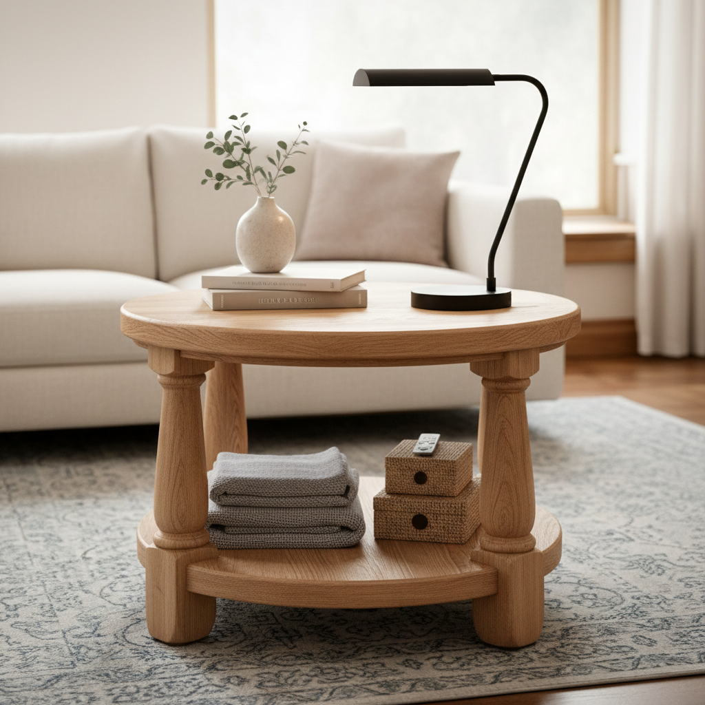 Rustic Round Side Table with Lower Storage Shelf and Sturdy Legs