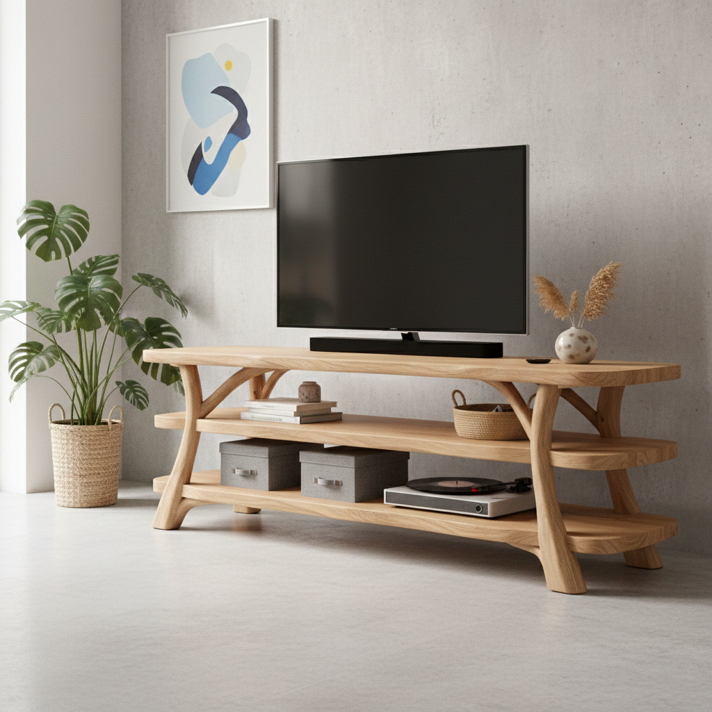 Wooden Live Edge TV Console with Sculptural Base and Open Shelving