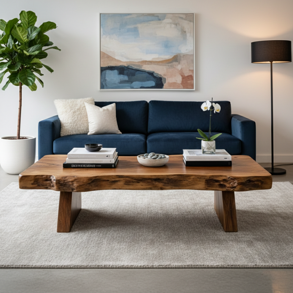 Live Edge Solid Wood Coffee Table With Sculptural Base