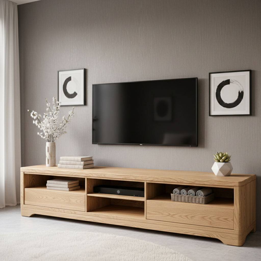 Wooden TV stand with a television mounted on a gray wall, featuring decorative items.