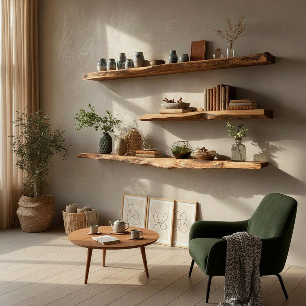 Handcrafted Solid Wood Floating Shelf With Live Edge Design