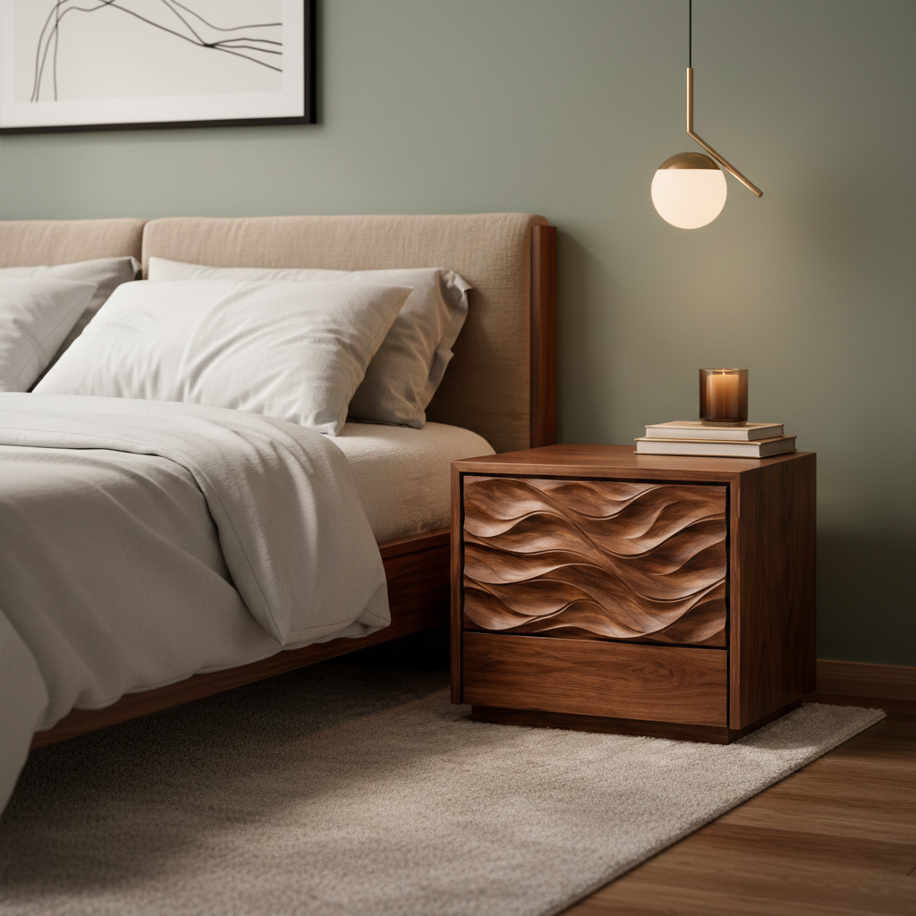 Handcrafted Solid Wood End Table Nightstand With Sculpted Wave Drawer