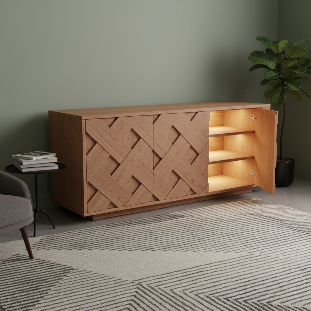 Handcrafted Solid Wood Cabinet Shoe Storage With Geometric Front