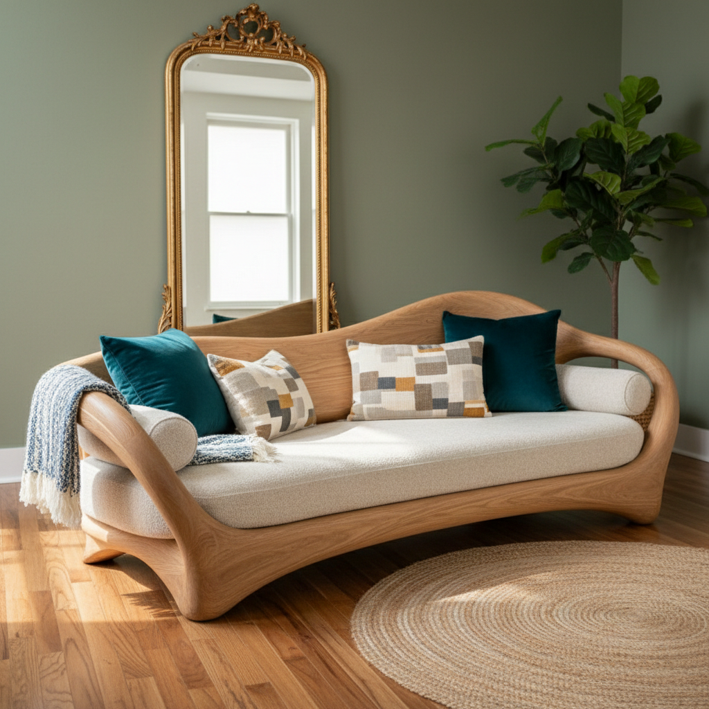 Sculptural Curved Wood Frame Sofa With Soft Cushioned Seat