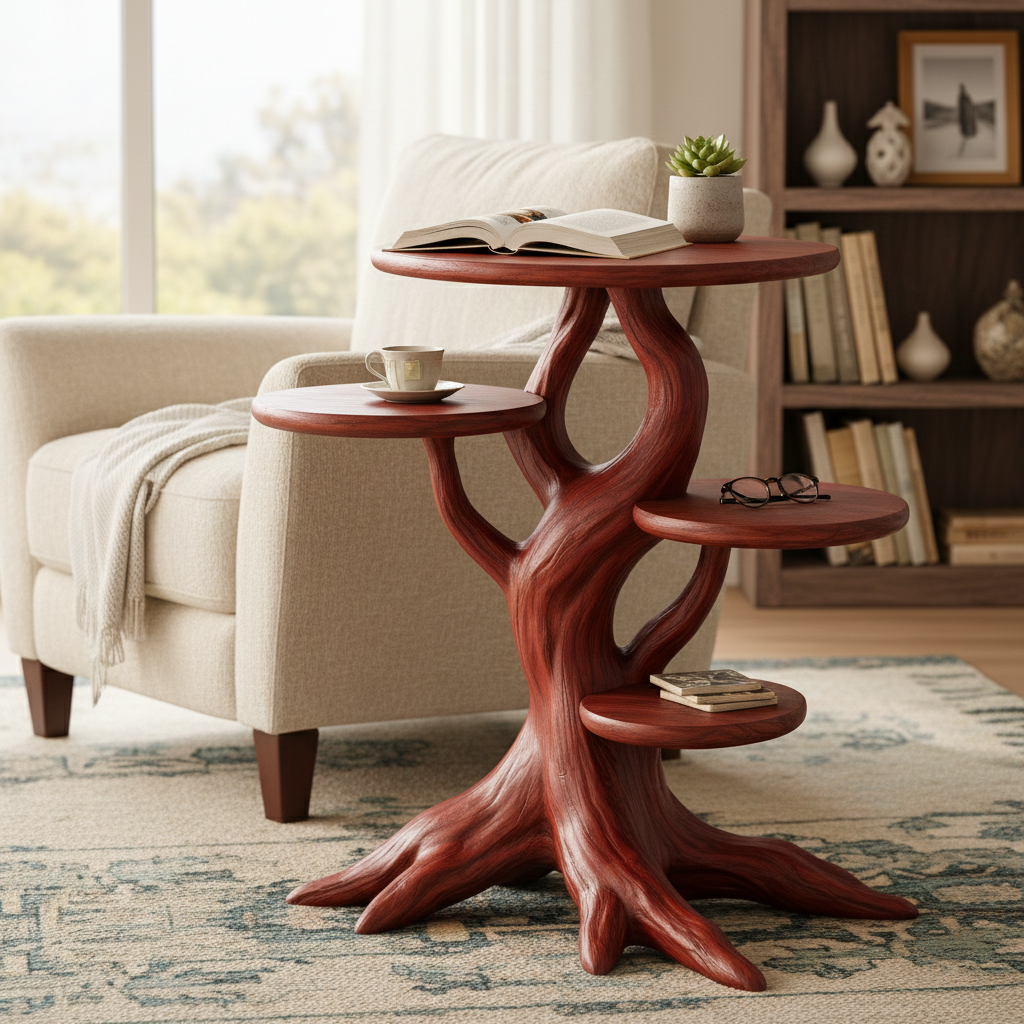 Sculptural Wooden End Table with Organic Tree-Inspired Design