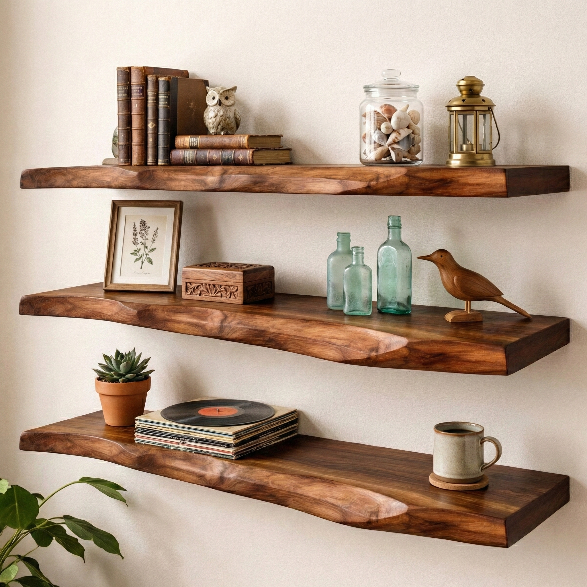 Sculptural Floating Shelf with Natural Wood and Organic Curves
