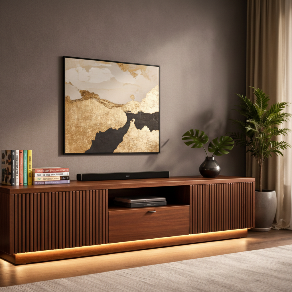 Modern Slatted Wood TV Stand With Center Storage