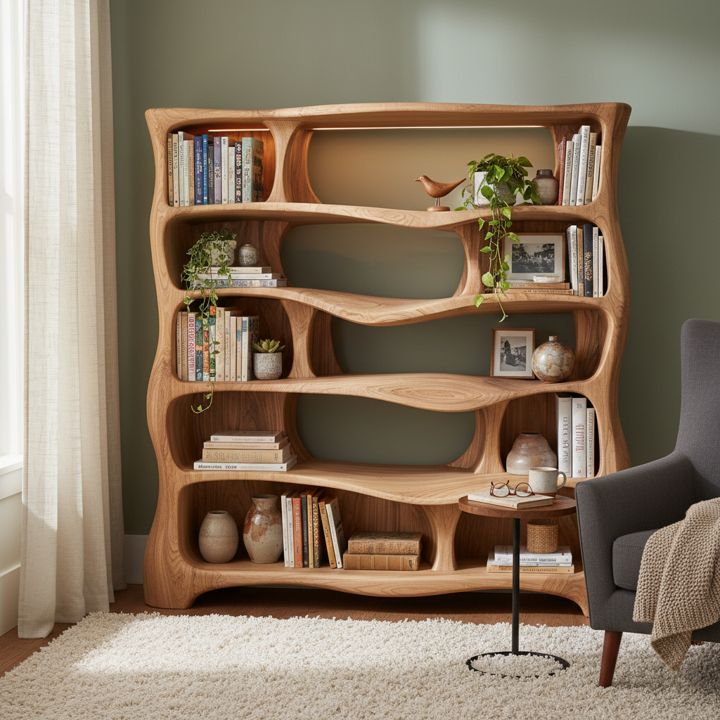 Sculptural Solid Wood Bookshelf With Organic Curves and Open Storage
