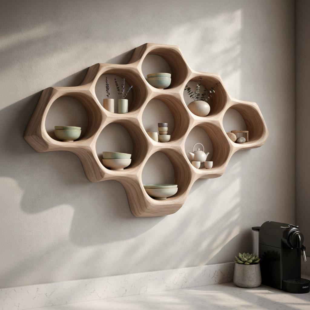 Handcrafted Solid Wood Honeycomb Shelf, Sculptural Wall Display