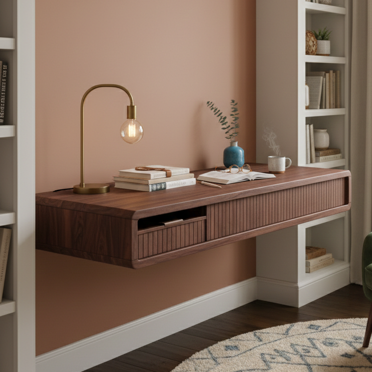 Floating Wall Mounted Wood Desk With Fluted Drawer Front
