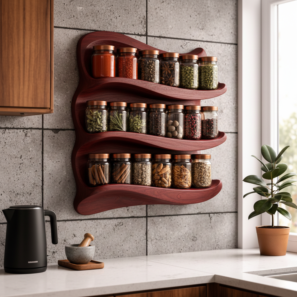 Organic Wave Spice Rack, Sculptural Wood Wall-Mounted Storage