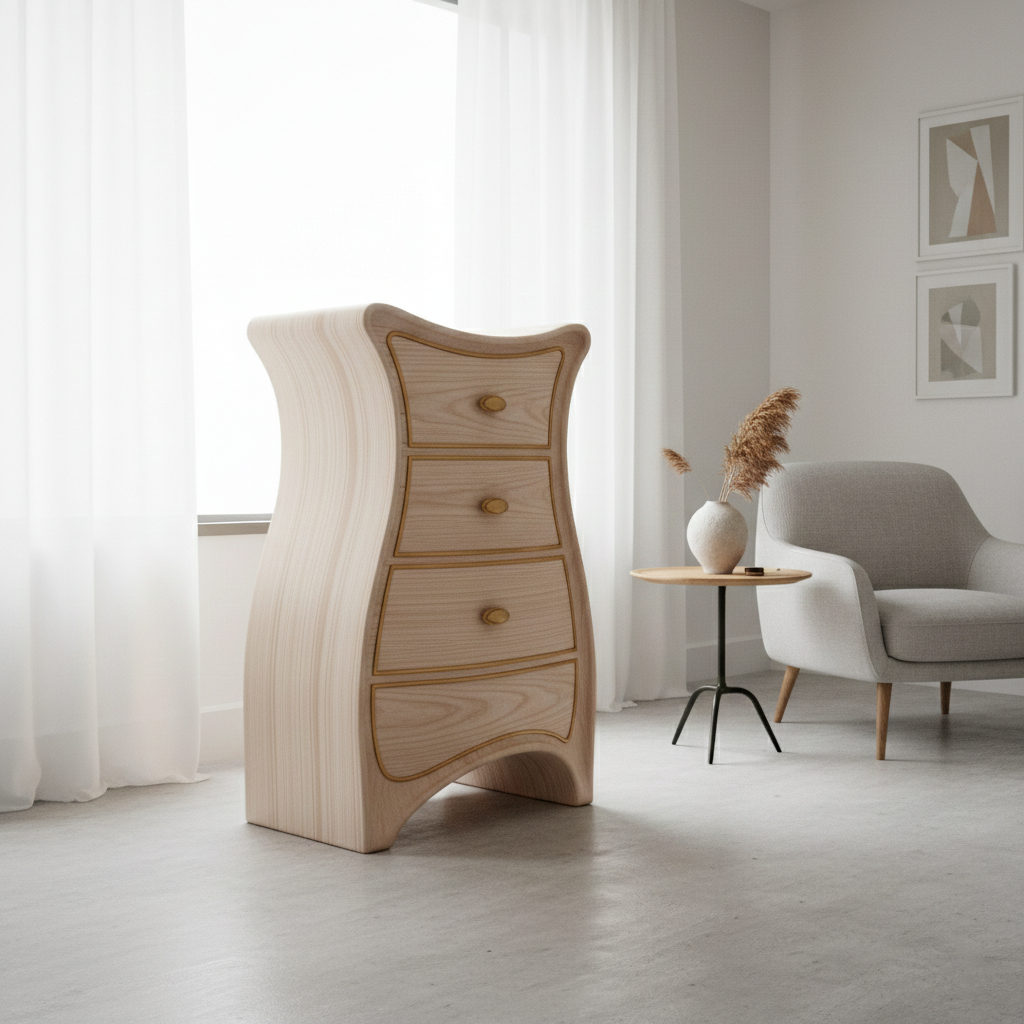 Curved Solid Wood Drawer Chest With Sculpted Silhouette