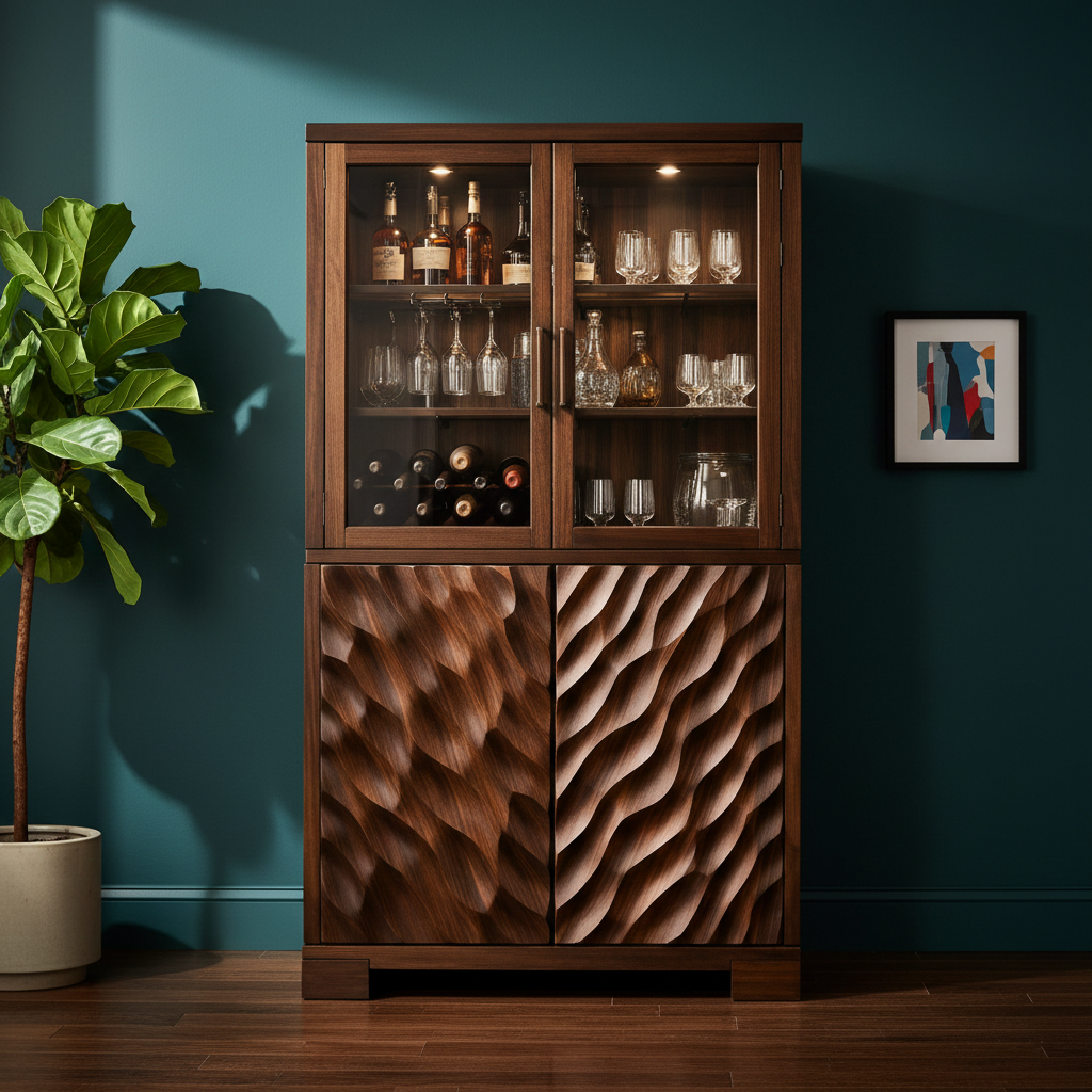 Handcrafted Solid Wood Bar Cabinet With Glass Display And Carved Doors