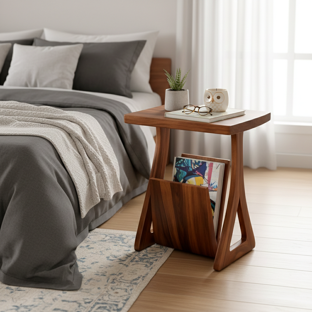 Wooden Side Table with Magazine Holder and Sleek Design