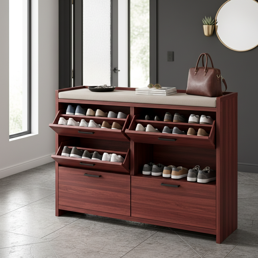 Handcrafted Solid Wood Shoe Cabinet With Tilted Drawers and Storage