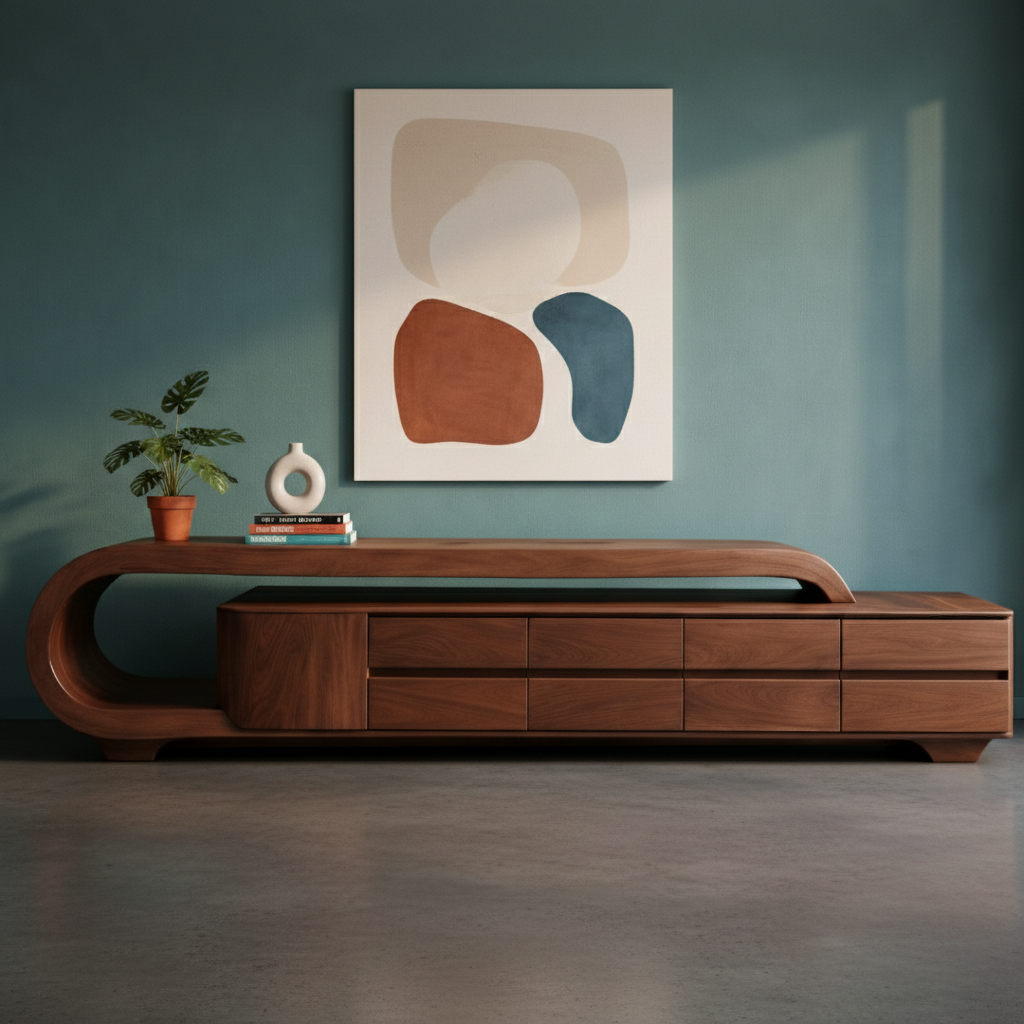 Handcrafted Solid Wood Curved TV Console With Drawer Storage